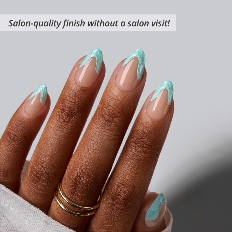 BTArtbox French Tip Press On Nails - Wave Ride, Lamp-Curable 4-Week Wear 3D Blue Swirl Short Almond Press On Nails with Glue and Adhesive Tabs, Easy-to-Apply in 16 Sizes - 32 Nails All-in-One Kit