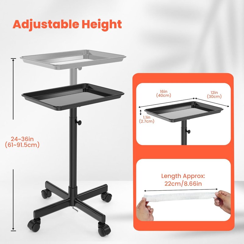Adjustable Height Rolling Salon Tray - Mobile Trolley with 2 Magnetic Bowls & 10 Disposable Covers | 24-36 Inch, Black