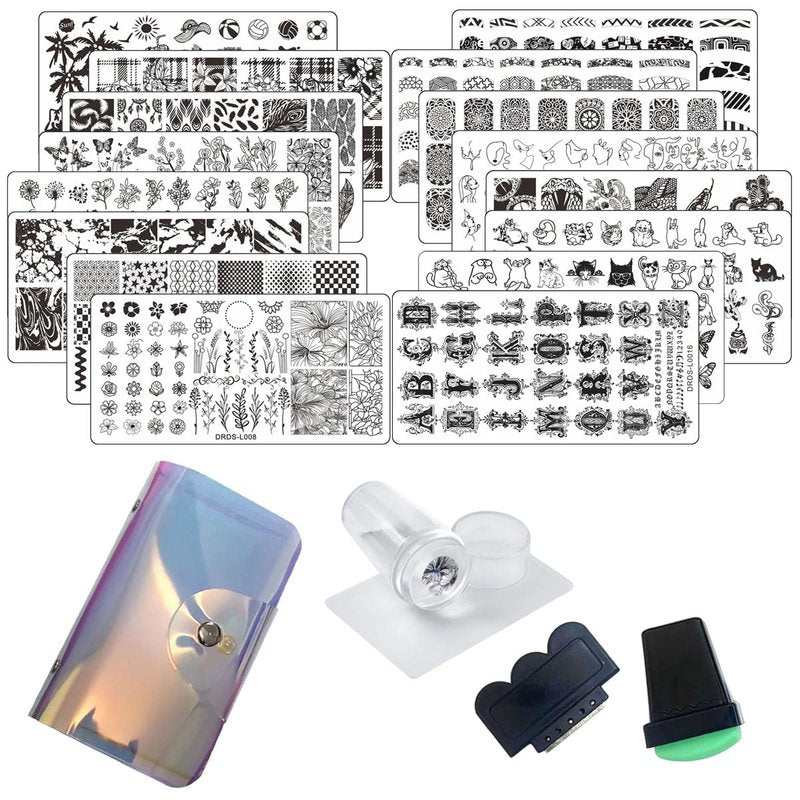 Nail Stamp Plates Set - 21 Pcs with 16 Designs, 2 Stampers & Scrapers | Floral & Animal Patterns