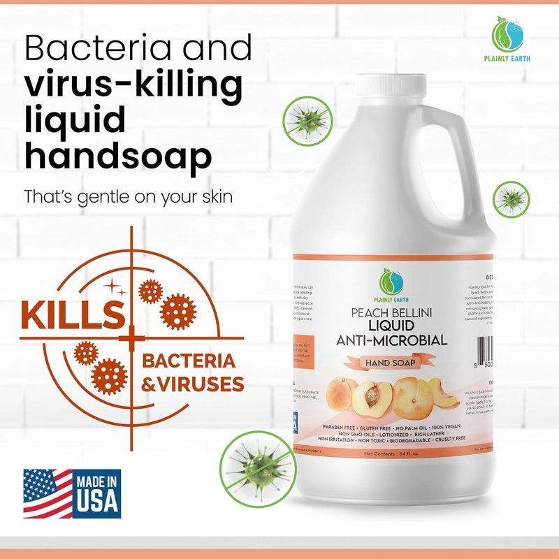 Antimicrobial Hand Soap - Gentle, Scented Moisturizing Formula | 64 oz Peach Bellini Refill for Kitchen & Bathroom