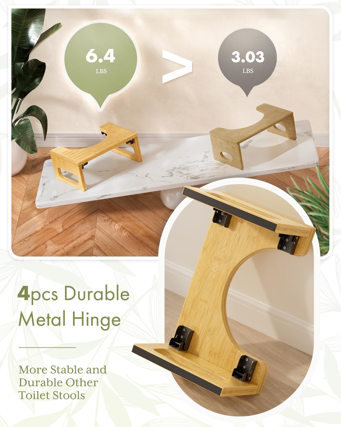 AmazerBath 7 Inches Bamboo Toilet Stool Squat for Adult, Foldable Squatting Potty Stools for Bathroom, 0.79" Thickness Poop Stool with Non-Slip Strip, Space-Saving, No Assembly Required, Natural Color