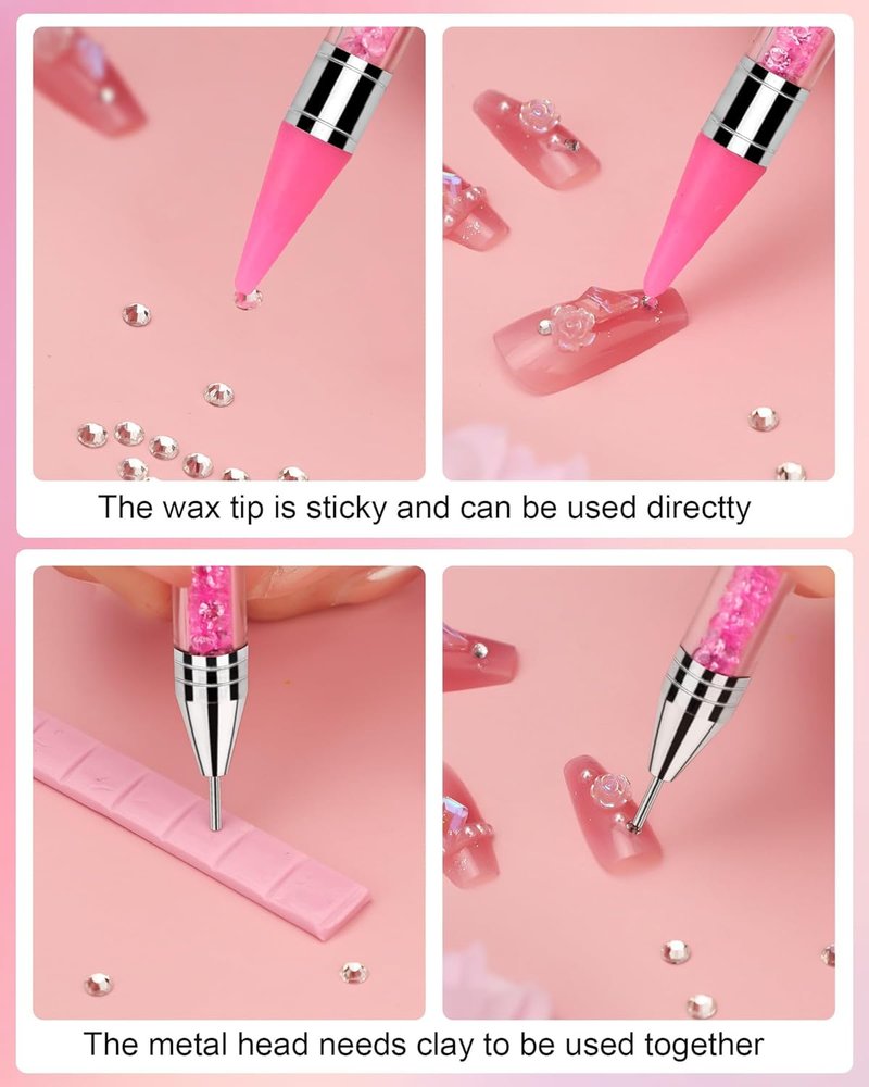 Rhinestone Picker Tool Set - Rhinestone Applicator with 4 Replaceable Wax Heads & 2 Tweezers | Pink