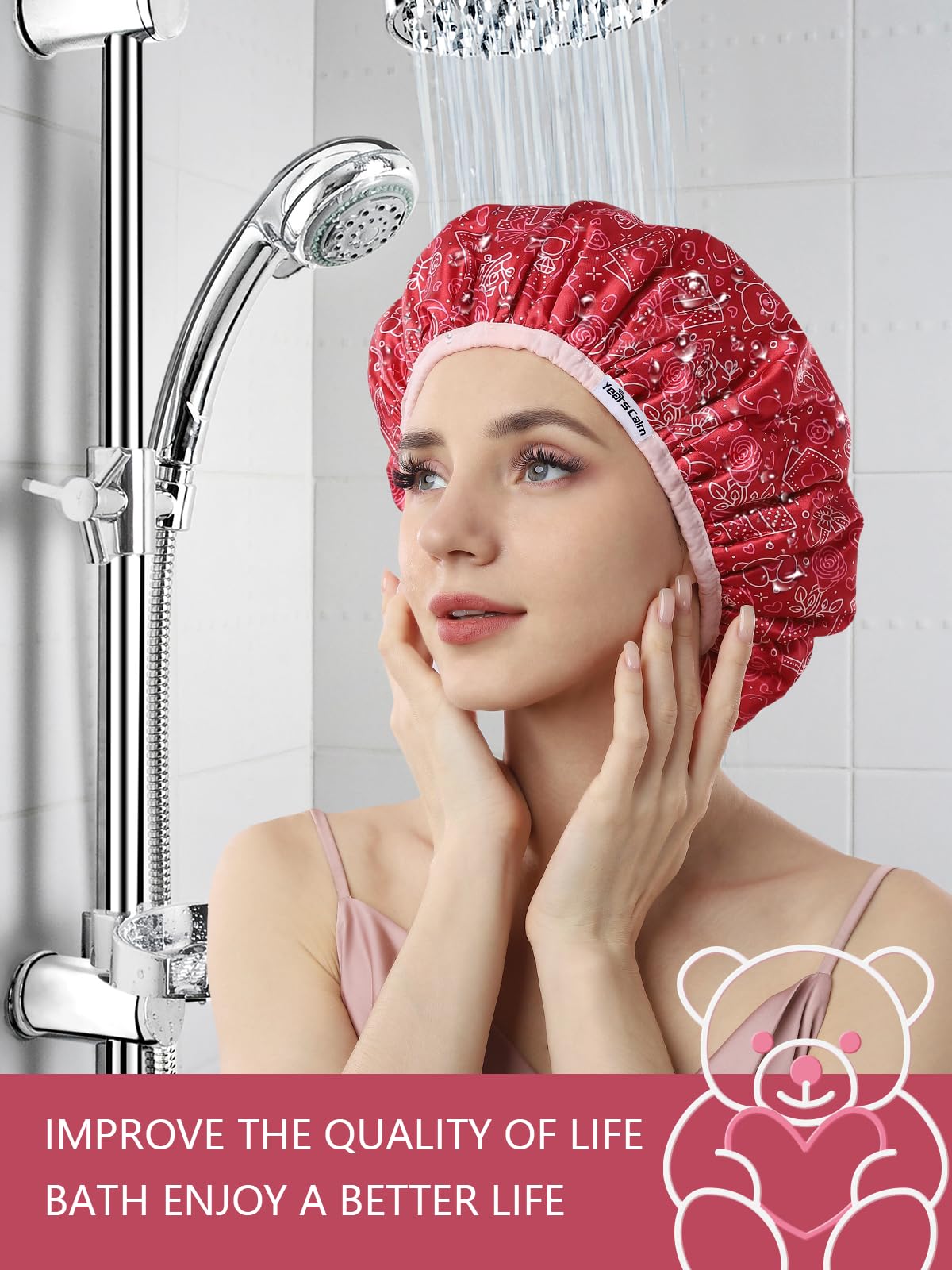 Years calm Terry Lined Shower Cap, Triple Layer Heart Motifs,Waterproof Reusable Elastic,Hair Shower Cap for Women,Terry Cloth Shower Caps for Spa,Clean,Trave (Red, One Size)