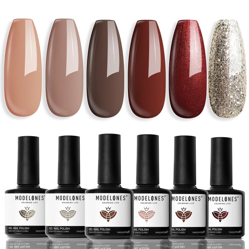 modelones Gel Nail Polish Set, 6 Colors Nude Brown Gel Polish Kit Glitter Champagne Gold Burgundy Wine Dark Red Nail Polish Soak OFF LED Manicure Nail Art DIY Home Salon Gift for Women
