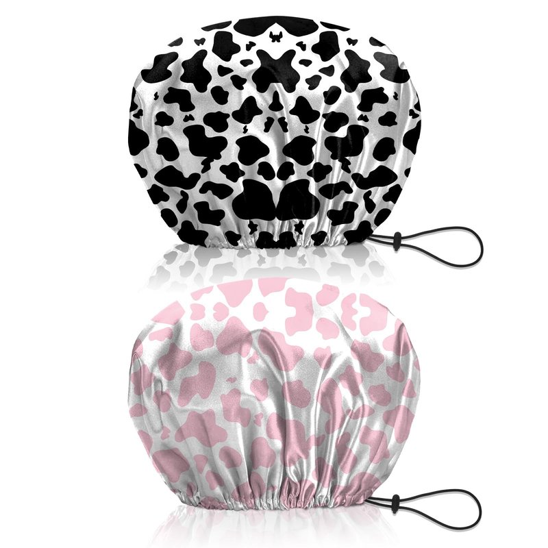 BHAHB 2 PCS Shower Cap Reusable Waterproof Double Layer Elastic Adjustable Hair Bath Caps Cute Aesthetic for Women Girls-Cow leopard