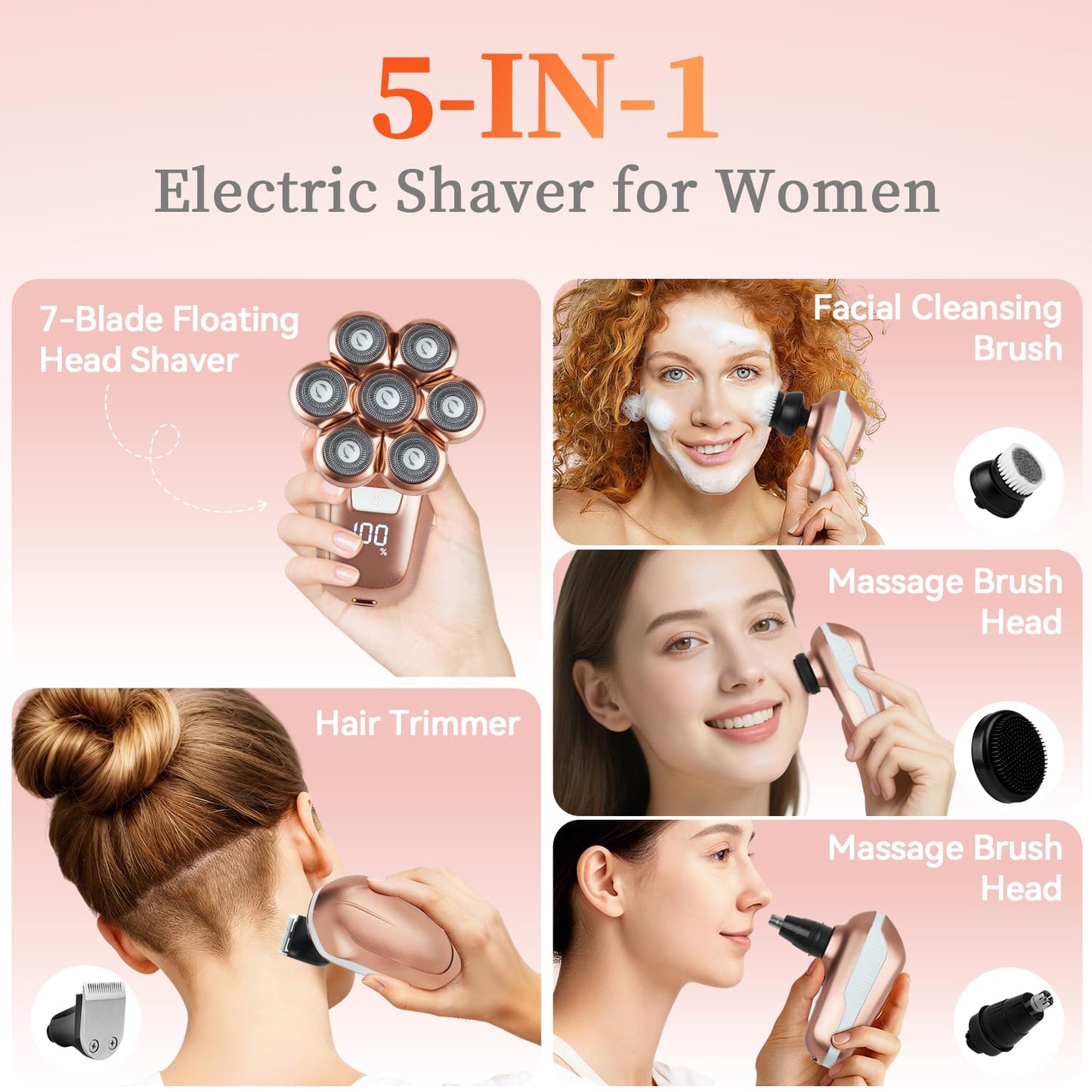 SPOTLESE Electric Razors for Women, 5-in-1 Electric Shaver with 7D Magnetic Head, IPX7 Waterproof Wet Dry Hair Remover with LED Display, Travel Lock for Body Face Underarms Bikini Legs (Rose Gold)