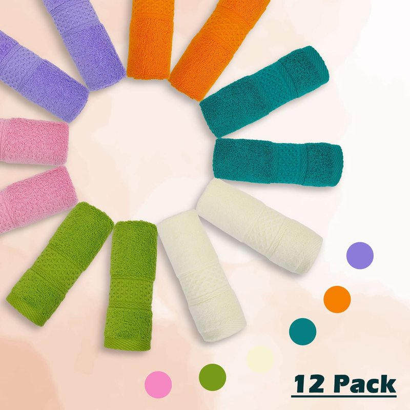 Cleanbear Face Cloths 12 Pack Washcloths 100% Cotton Wash Cloth for Face - Large Bath Washcloths 13 by 13 Inches with Multi Colors