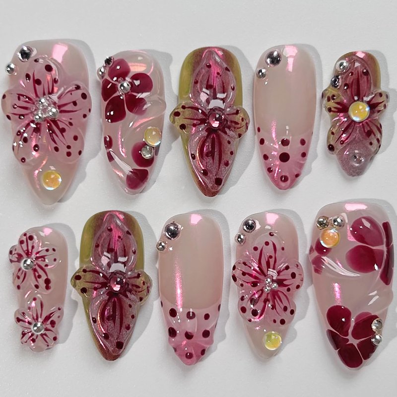 24Pcs Flower Press on Nails Medium Almond Fake Nails 3D Floral with Rhinestones Press Ons Glue on Nails Purple Full Cover Full Cover French Tip False Nails Stick on Nails for Women Spring Acrylic