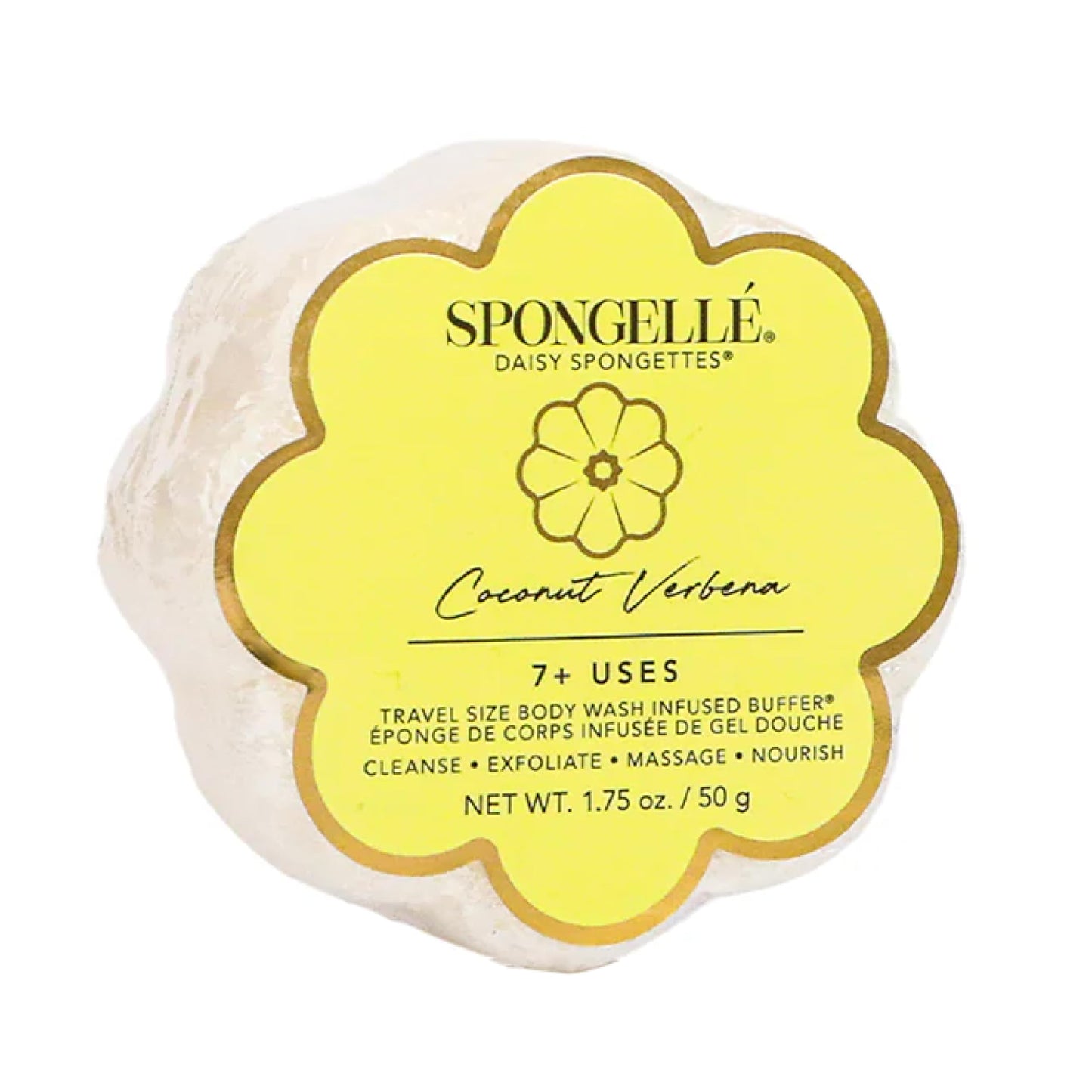 Spongellé Coconut Verbena Daisy Spongette Bath Sponge | Built-in Body Wash & Body Scrubber, Shower Loofah Sponge for Women, Travel Essentials | 7+ uses