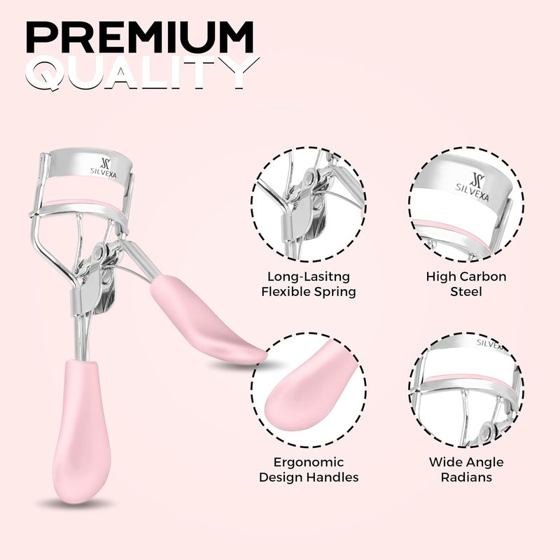 Eyelash Curler - Professional Stainless Steel Lash Curler with Comfort Grip & Silicone Pads | No-Pinch Design for All Eye Shapes (Pink)