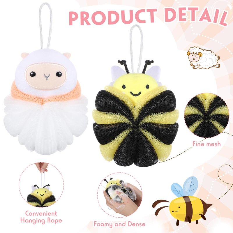 Nuenen 2 Pcs Bath Loofahs Kids Toddler Cute Cartoon Bath Sponges Loofah Pouf Body Scrubber Mesh Sponges for Children Shower Washing Exfoliating (Sheep, Bee)