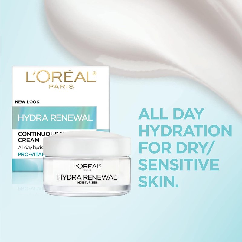 L'Oreal Paris Hydra-Renewal Face Moisturizer - Pro-Vitamin B5 for Dry Sensitive Skin | 1.7 Oz All-Day Hydration