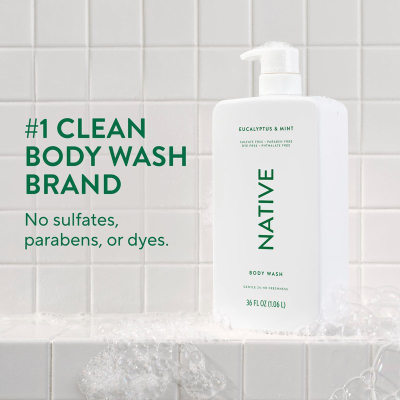 Native Body Wash for Women & Men, Eucalyptus & Mint, 36 oz Pump Bottle, Sulfate-Free & Gentle
