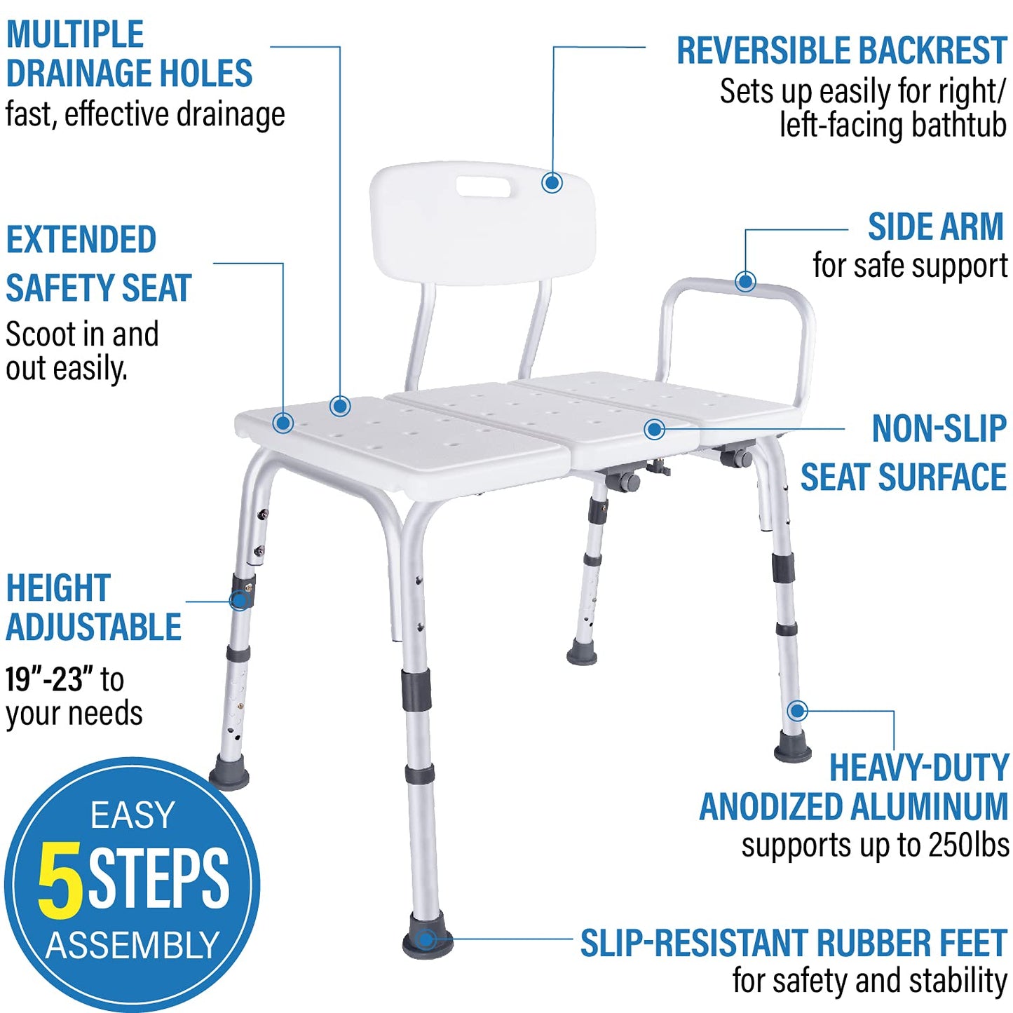 Vaunn Adjustable Shower Transfer Bench, Shower Chair for Adults and Seniors with Backrest