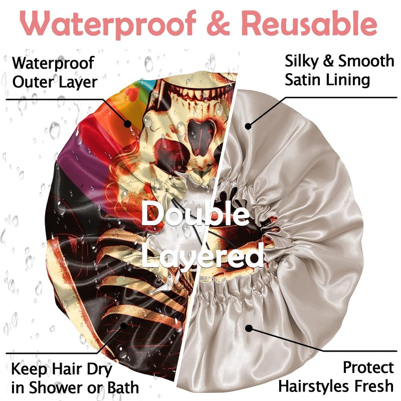 Cabreche Luxury Shower Cap Satin Silk Lined Adjustable Elastic Reusable Waterproof Shower Bath Cap Cute for Women Girls-Rainbow Skeleton