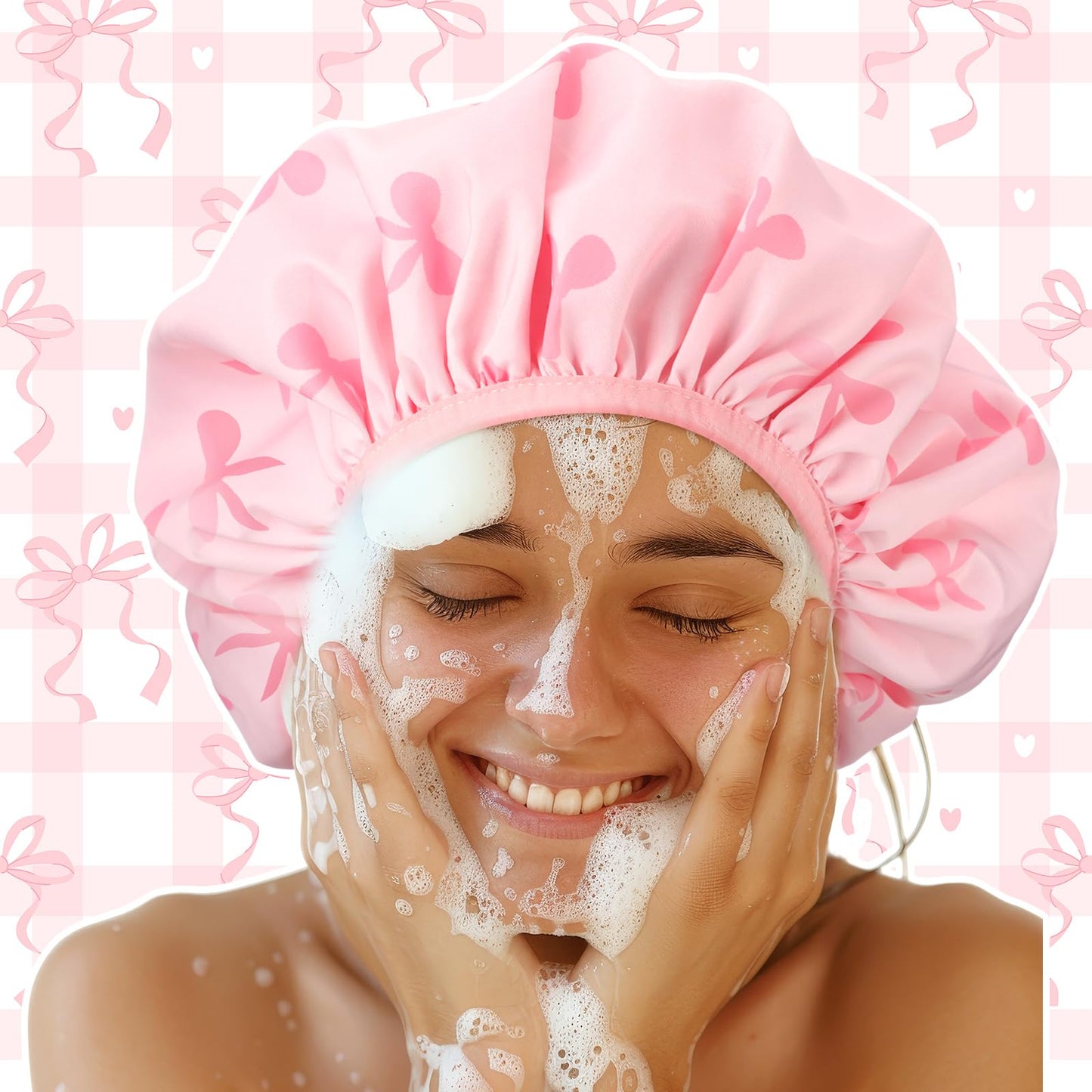 Janmercy Pink Bow Shower Cap for Women Extra Large Terry Lined Shower Cap Reusable Waterproof Double Layer Large Bath Hair Bonnet Washable Quick Dry for Braids Long Straight Curly Hair Women Gifts