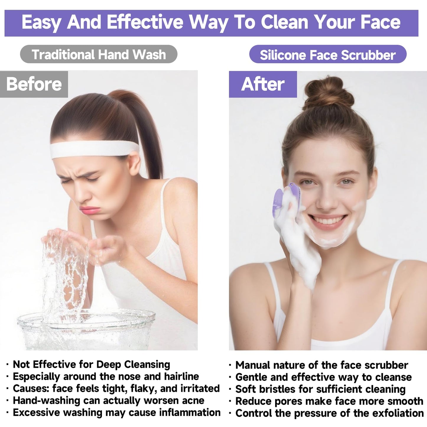ARIOSOX 2 PCS Face Scrubber, Soft Silicone Face Exfoliator with Suction Cup for Man and Women Deep Skin Clean, Gentle Facial Cleaning Brush Suitable for All Sensitive Skin (Purple)