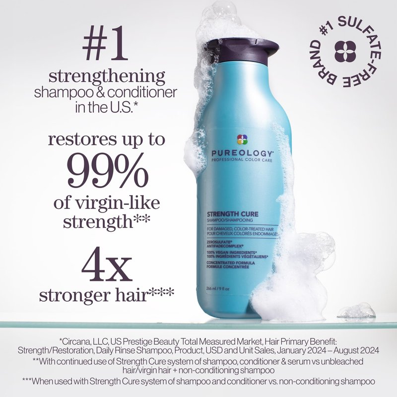 Pureology Strength Cure Shampoo & Conditioner Set - For Damaged or Color Treated Hair, Hair Strengthening & Prevents Breakage, Seals Split Ends, Vegan, 8.5 Fl Oz