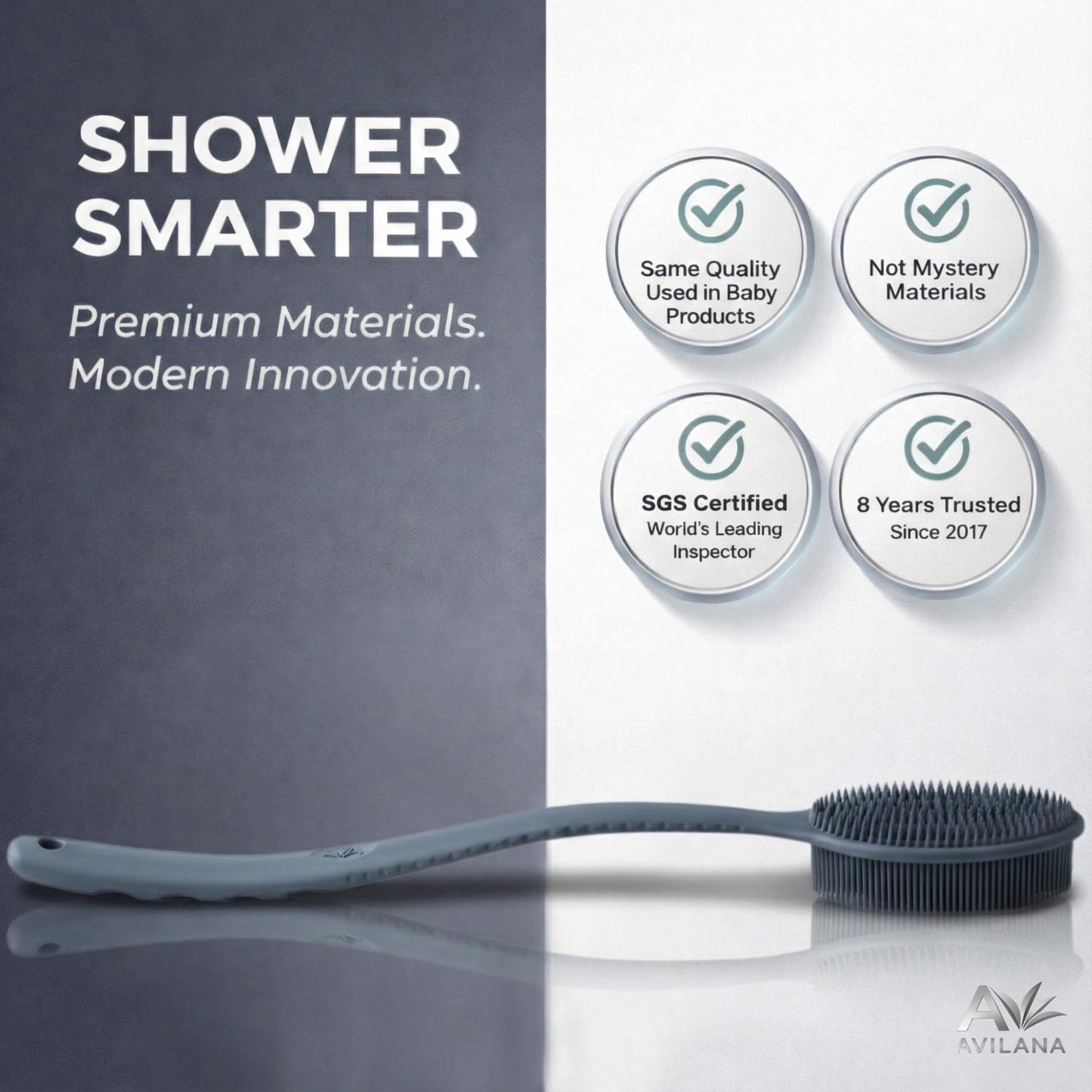 Avilana Premium Back Scrubber Long Handle 19 Inch - Trusted Since 2017 - SGS Certified Silicone Bath Brush, Dual Sided Exfoliating Body Brush Extended Reach Back Washer Women Men Seniors Gift