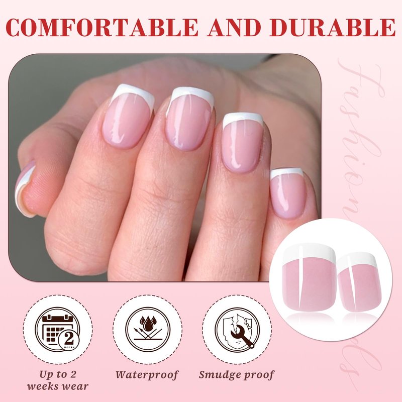 240pc White French Tips Press on Nails Square Fake Nails Kit, Extra Short Nails Press ons French Tip Acrylic Nails Pink Glue ons Nails Short Stick on Nails Women Artificial False Fingernail with Tabs