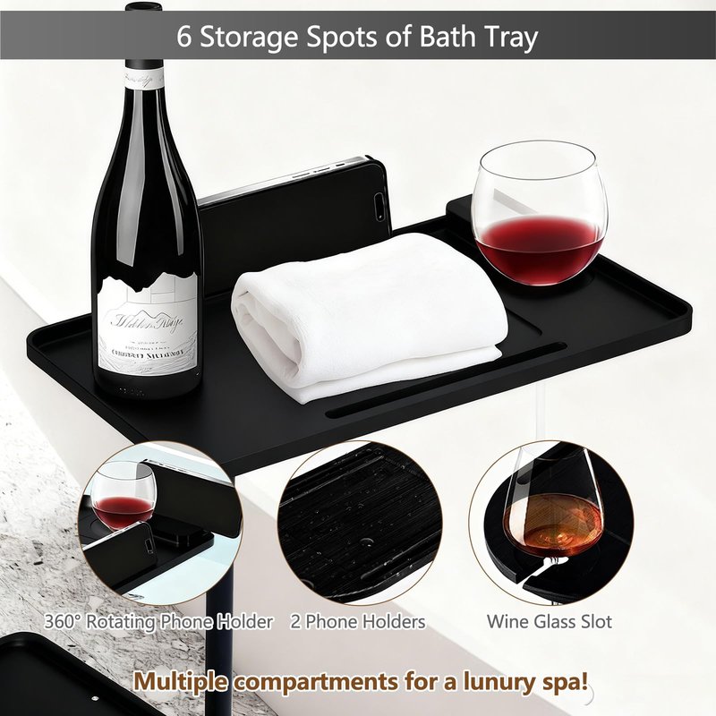 3 Layer Bathtub Tray Table,Bamboo Swivel Bathtub Side Table Height Adjustable,Freestanding Bathtub Tray for Tub Against Wall,Bathtub Accessories&Bathroom Organizer for Luxury Home Spa (Black1)
