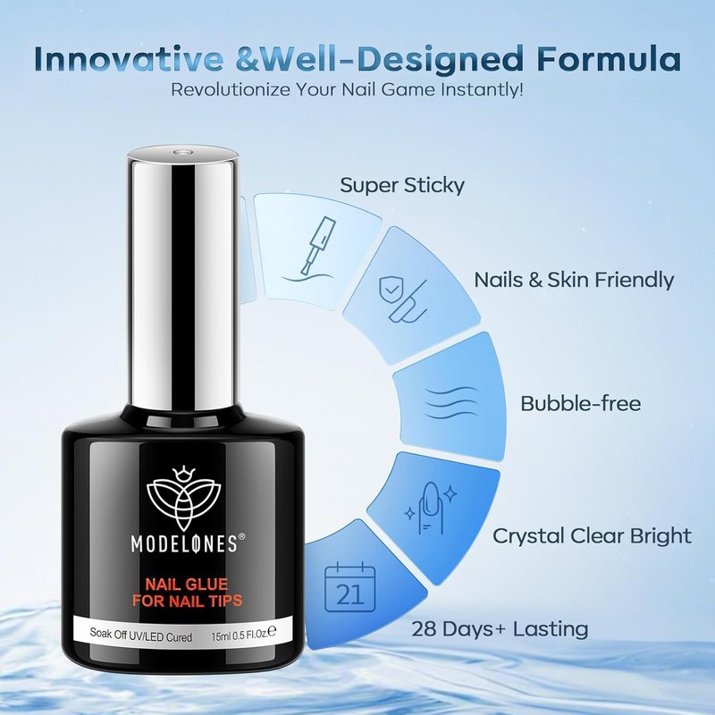 Modelones 10-in-1 Nail Gel Glue - Hema-Free Base Coat for Acrylic Tips | 15ml, Perfect for Rhinestones & Blooming Art