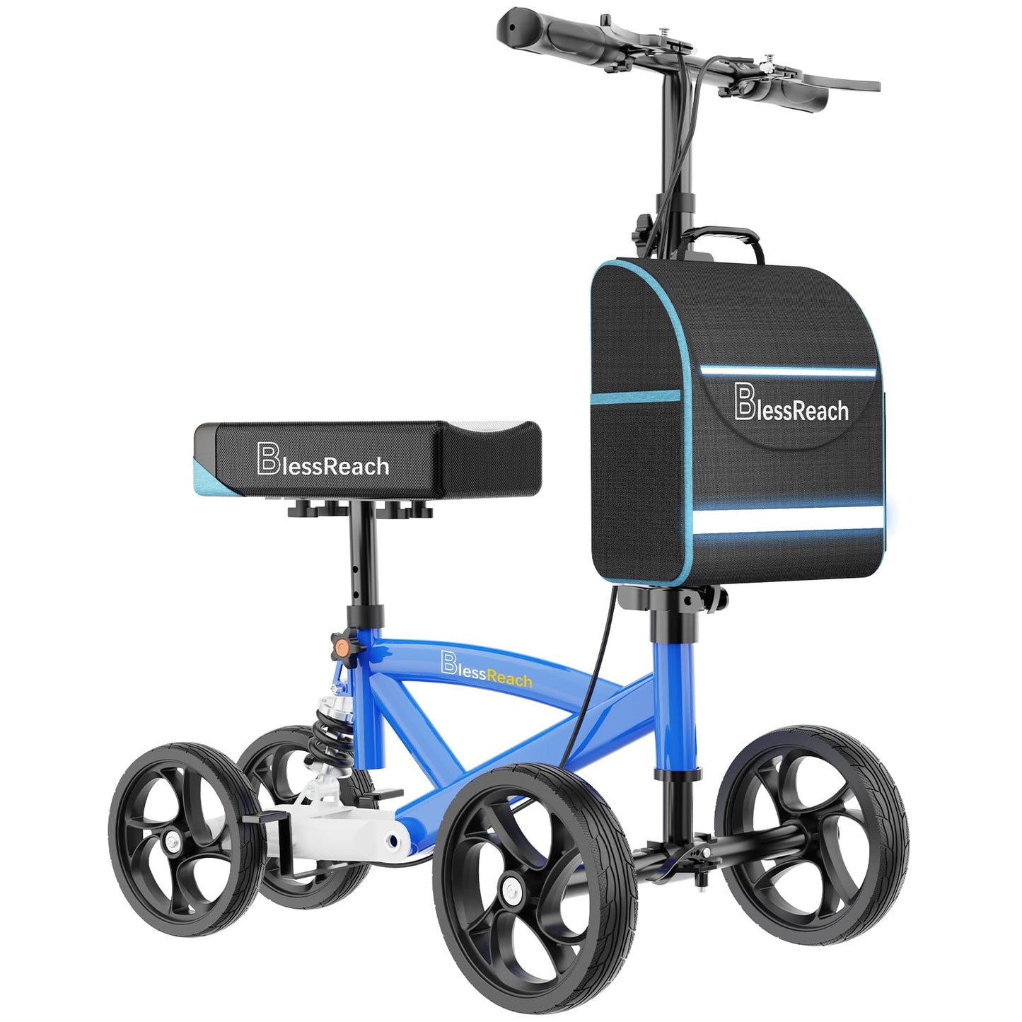 BlessReach Steerable Knee Scooter Deluxe Medical Scooter for Foot Injuries Compact Crutches, with Dual Rear on-Wheel Brake and Shock Absorption Under The Knee pad（Blue）