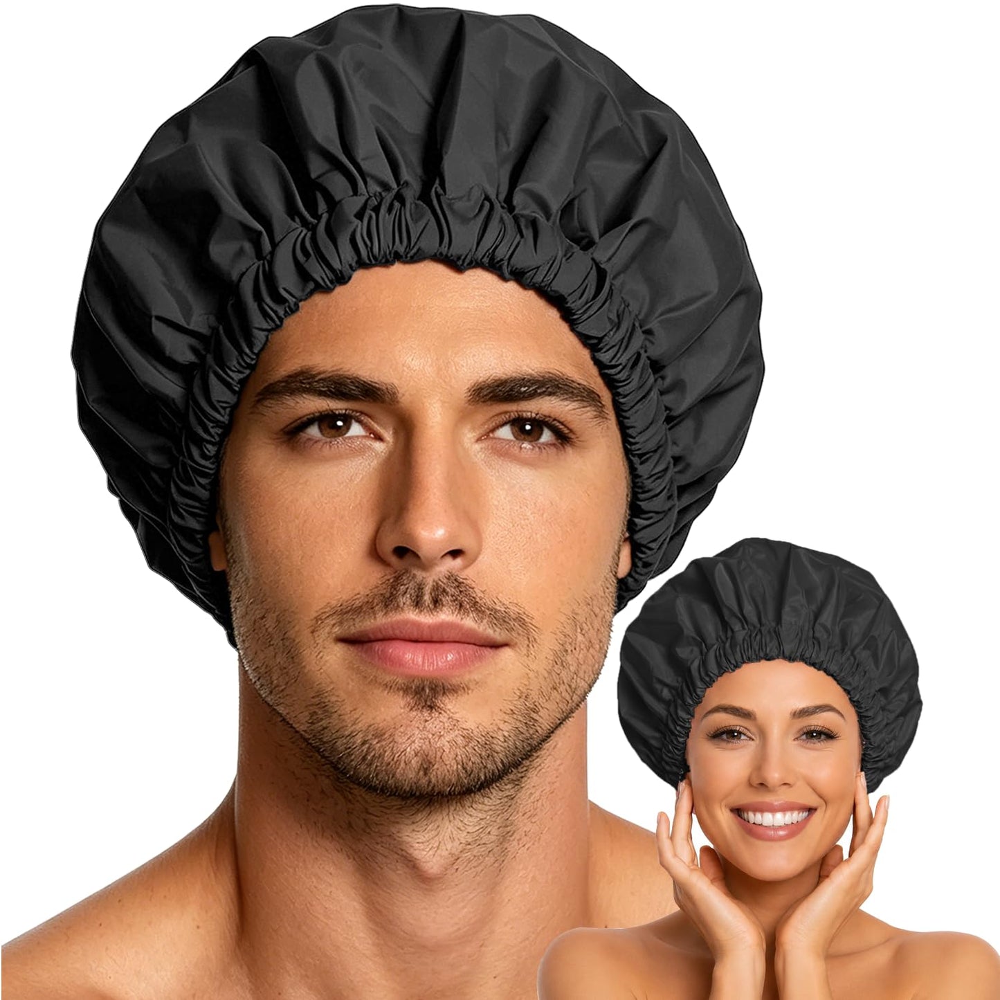 Shower Cap for Men, Reusable Waterproof Bath Cap with Soft Elastic Band, Double Layer Large Satin Lined Shower Hat for Curly Braids Long Hair, Washable Non-Slip Hair Cap(Black)
