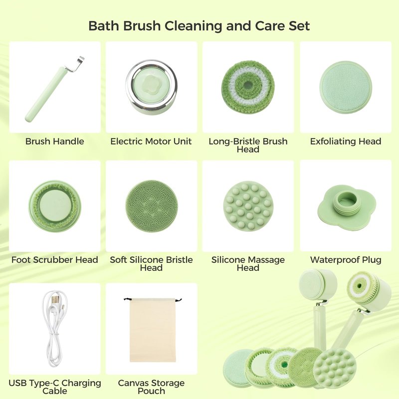 Mesiiloly Electric Body Bath Brush for Shower, Rechargeable Body Brush with Detachable Long Handle and 5 Heads, 3 Speeds Bath Brush for Skin Care, Basic Cleaning and Massage (Sliver)