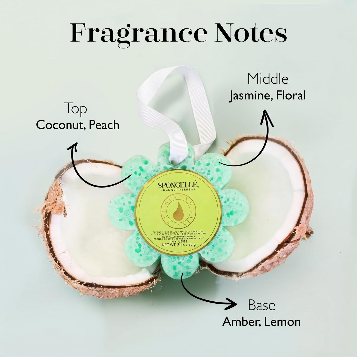 Spongellé Coconut Verbena Wild Flower Bath Sponge | Built-in Body Wash & Body Scrubber, Shower Loofah Sponge for Women | 14+ uses