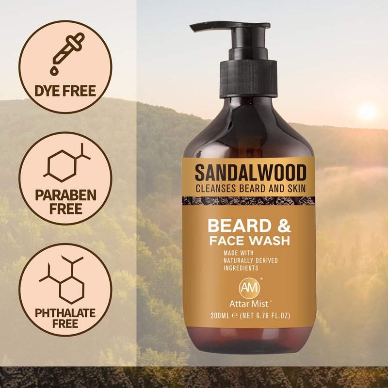 AM Beard & Face Wash - Sandalwood Scented - Gently Cleanses, Stops Itching & Flaking, Hydrates Dry Flaky Skin Under Beard - Naturally Derived Aloe Vera, Galangal, & Orange Peel - 6.76 fl oz