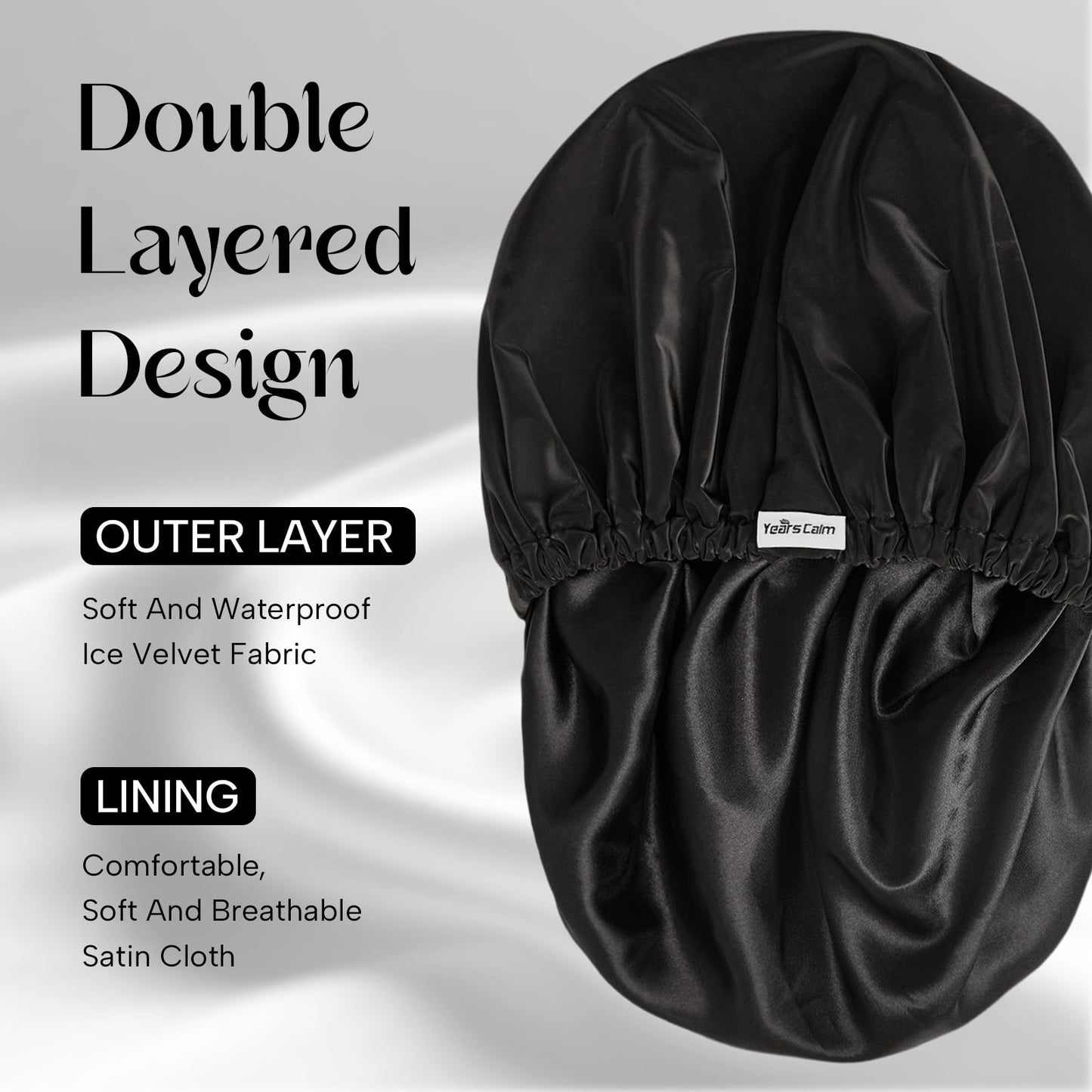 Years calm Shower Cap Reusable Waterproof, Double-Layer Hair Cap for Women, with Elastic Band, Ideal for Shower, Spa, Travel & Cleaning (black, One Size)