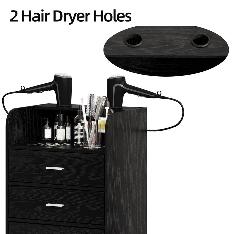 4ever2buy Salon Station for Hair Stylist, Black Beauty Barber Station, Salon Trolley Cart with Wheels, Mobile Organizer for Salon, Spa, Barbershop, Nail & Beauty Tools, Black