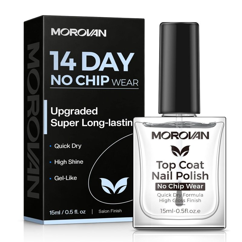 Morovan Top Coat Nail Polish - 14 Day No Chip Quick Dry Formula | High Gloss Clear Finish, 0.5 fl oz