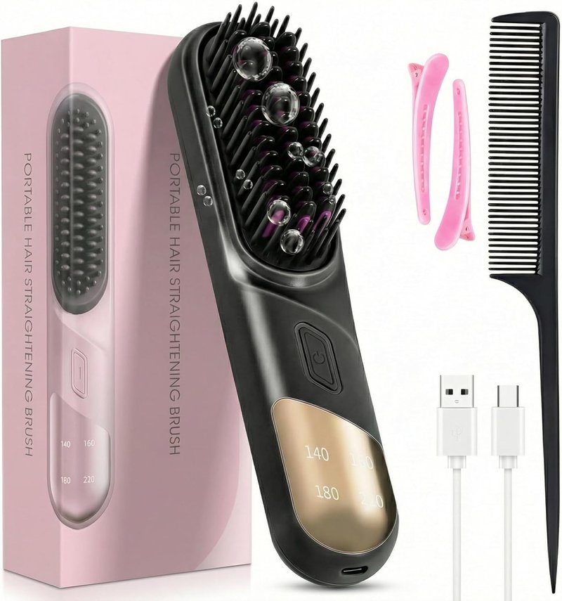 Go Brush Pro Cordless Hair Straightener Brush - 4 Adjustable Temperatures, Portable USB Charging, Black