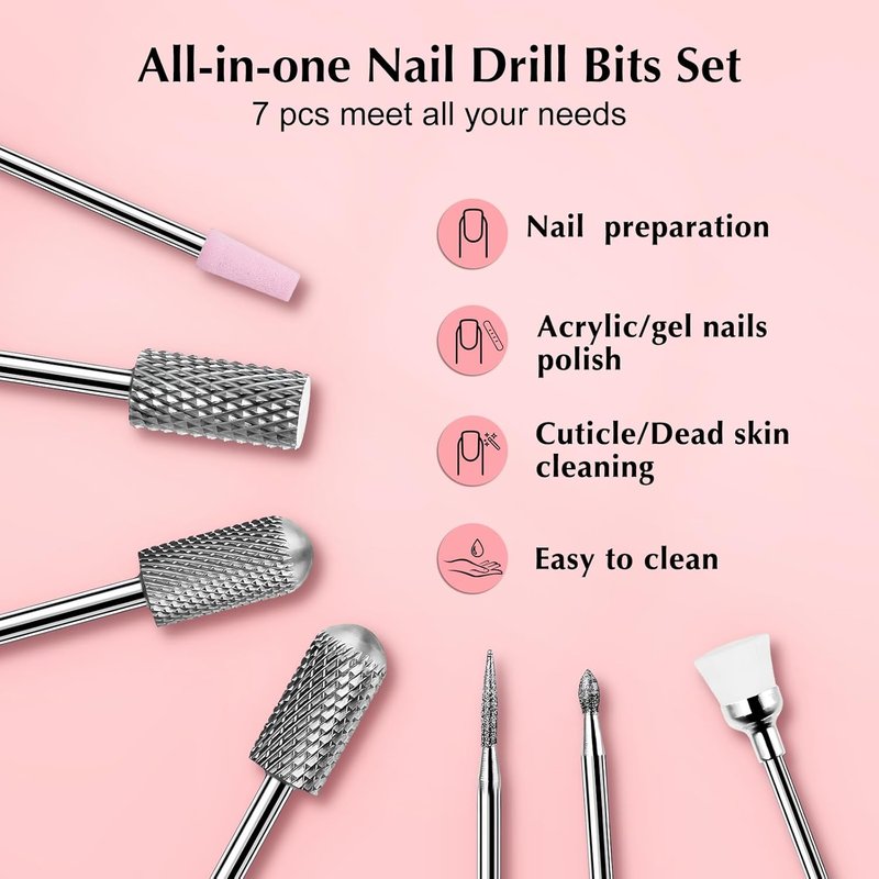 Nail Drill Bits Set - 7 Pcs 3/32 Inch Shank for Acrylic & Gel Nails | Nail Art Tools for Manicure & Pedicure