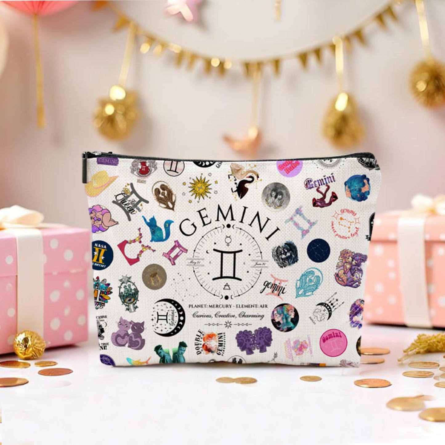 XYZONE Gemini Gifts for Women, Gemini Cosmetic Bag, June Birthday Gifts, Zodiac Themed Travel Makeup Bags