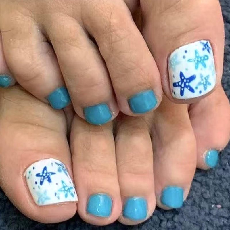 Blue Starfish Press-On Toenails - Short Square Acrylic Nail Tips for Summer Beach | 24 Reusable Nails
