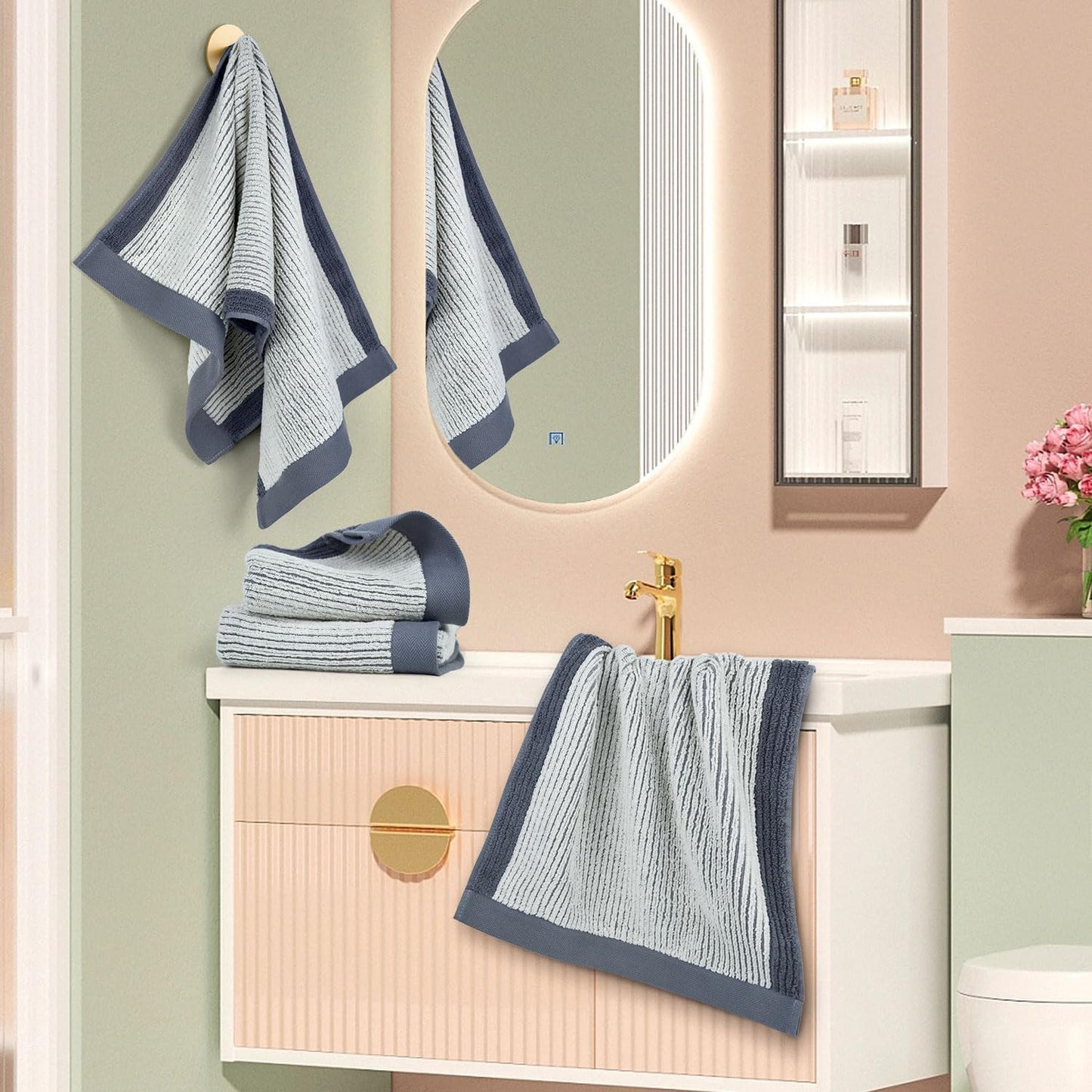 Cleanbear Hand Towels for Bathroom, Ultra-Soft 100% Cotton Hand Towels, 4-Pack (Gray, Green, Navy Blue, Light Brown), 28 x 13 Inches, Jacquard Textured