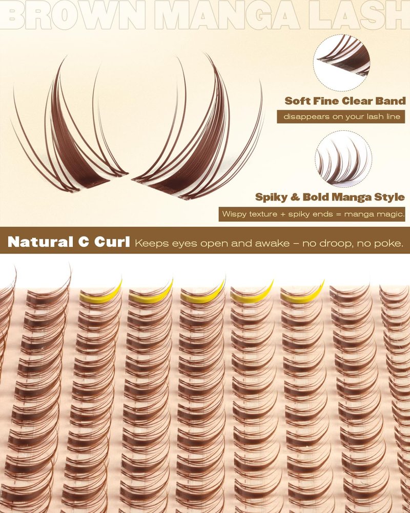 Brown Manga Lash Clusters Wispy Spiky Eyelash Clusters C Curly Fairy Cluster Eyelash Extensions with Invisible Band 8-16MM Anime Individual Lashes for DIY Lash Beginners