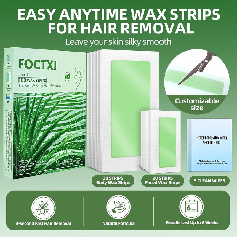 100 Wax Strips Kit - Facial & Body Hair Removal Strips for Sensitive Skin | Includes 5 Calming Oil Wipes