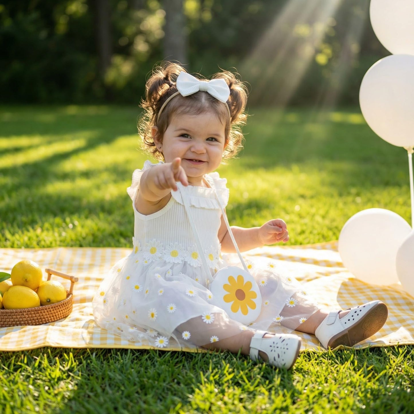 Toddler Girl Daisy Dress Set 3Pcs Ribbed Knit Tulle Sundress with Bag & Headband Cute Summer Floral Outfit for First Birthday Party White 6-9Months