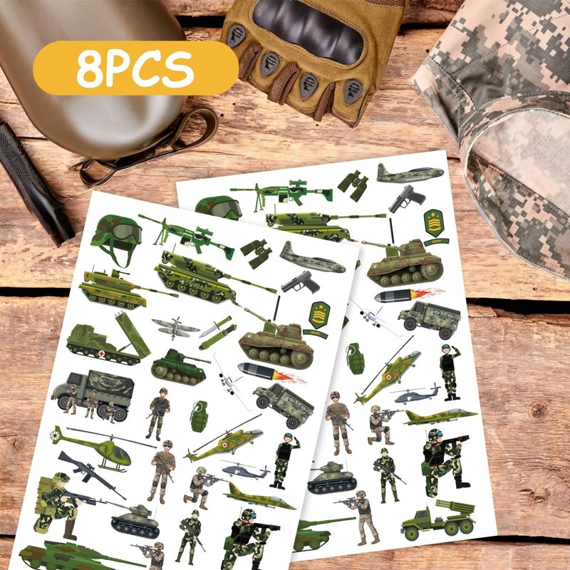 8 Sheets Army Birthday Decorations 200+ Army Temporary Tattoos Military Stickers Camo Theme Party Soldier Helicopter Tank Truck Temporary Tattoos Party Favors Supplies Prizes Rewards