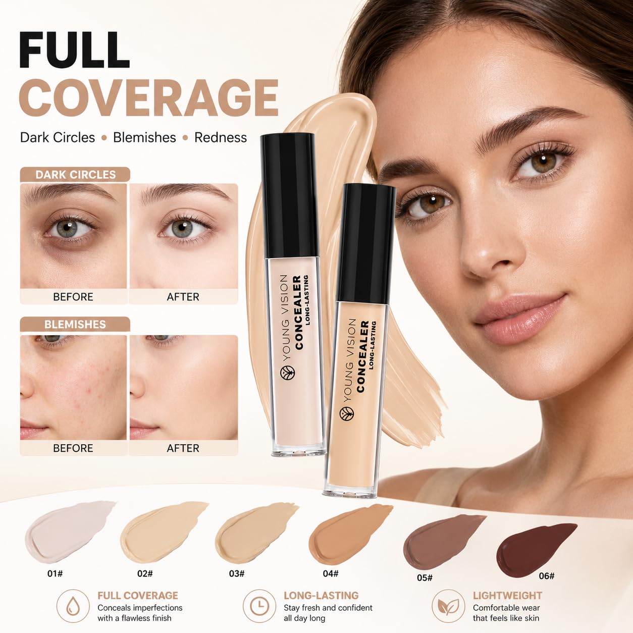 Young Vision Full Coverage Liquid Concealer - Waterproof Under Eye Corrector for Dark Circles & Blemishes | Fair Neutral