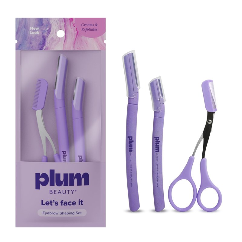 Plum Beauty Eyebrow Shaping Set – Complete 3-Piece Grooming Kit with 2 Folding Razors & Precision Trimming Scissors with Brush - Painless Brow Definition & Maintenance