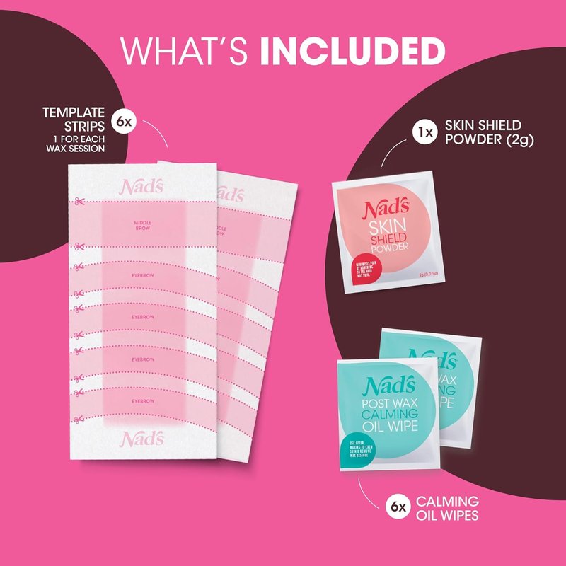 Nad's Eyebrow Wax Strips - Effective Facial Hair Removal Kit for Women | 6 Wax Strips, 6 Calming Wipes, 2g Powder