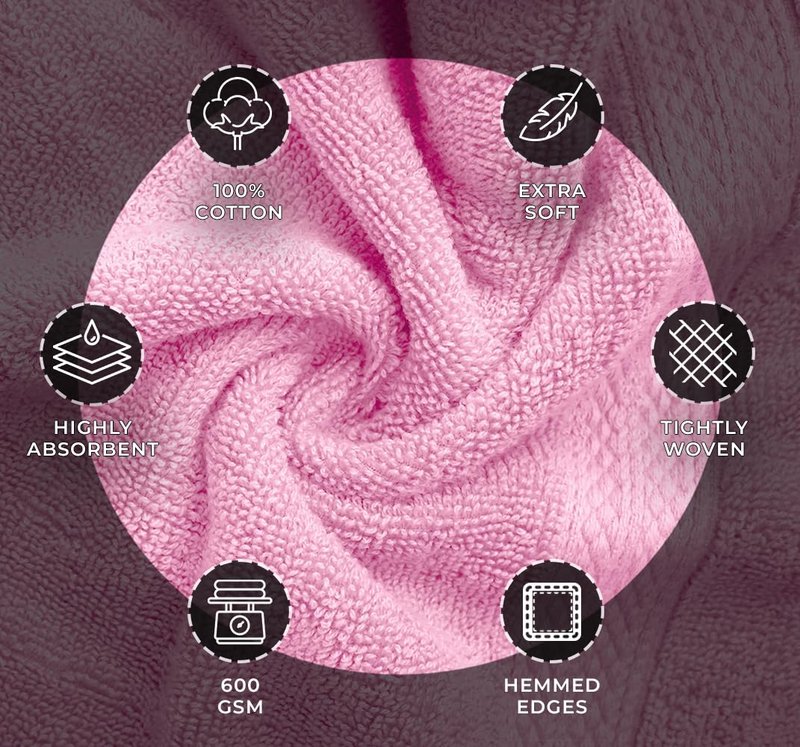 Avalon Towels Luxury 8 Piece Pink Towels Set, 2 Bath Towels, 2 Hand Towels and 4 Washcloths, 600 GSM 100% Ring Spun Cotton Highly Absorbent Pink Bathroom Towels, Ideal for Hotel, Spa and Gym