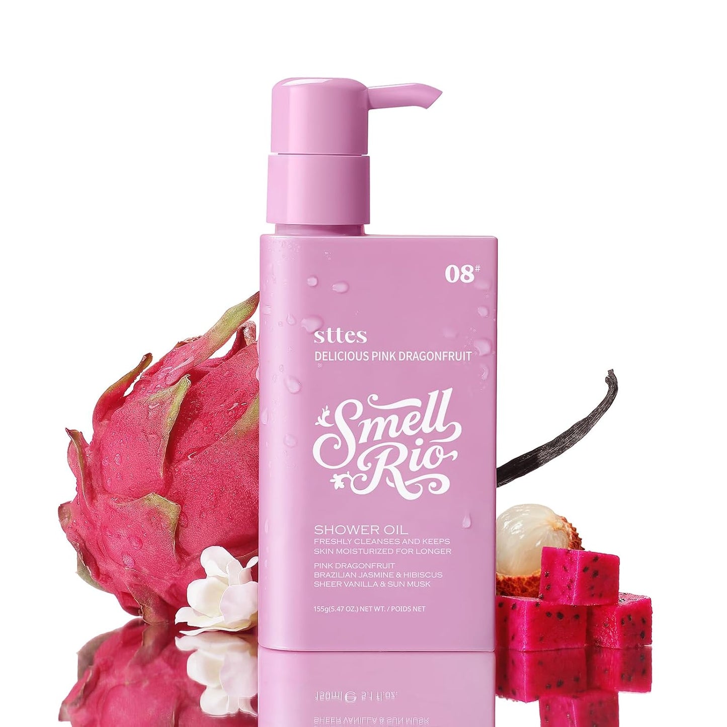 Sttes Smell Rio Shower Oil 08# (Delicious Pink Dragonfruit) 5.47 oz – Moisturizing Body Wash with Pink Dragonfruit, Jasmine & Hibiscus Scent, Natural Plant Oils, No Mineral Oil, Parabens or Phthalates