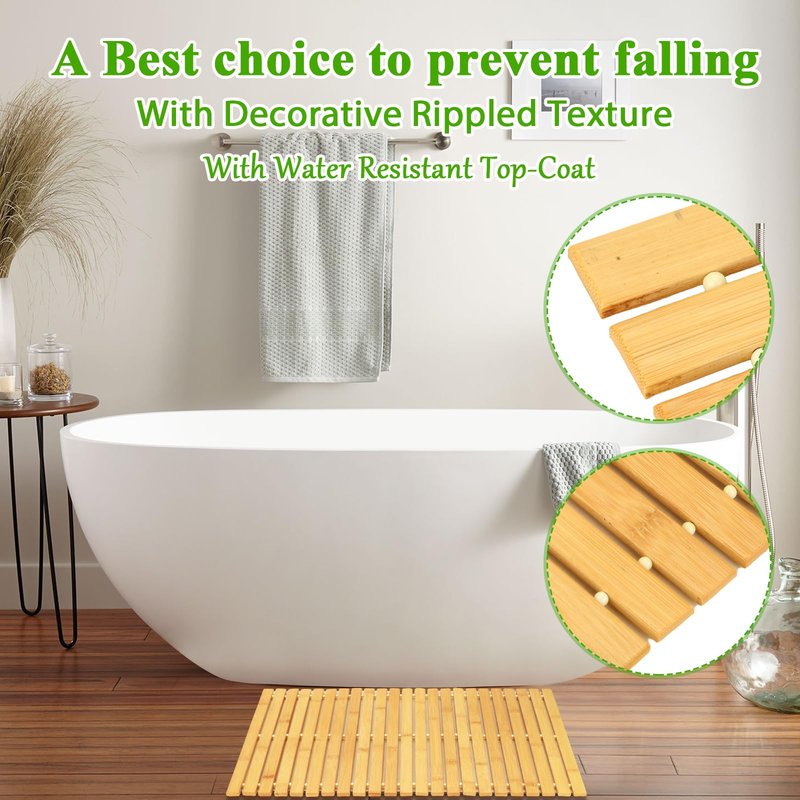 QTLCOHD 2 Pcs Bamboo Bath Mat - 24 x 16 Inch Non Slip Foldable Waterproof Wood Shower Mat for Bathroom, Floor, Bathtub, Toilet, Sauna, Hot Tub