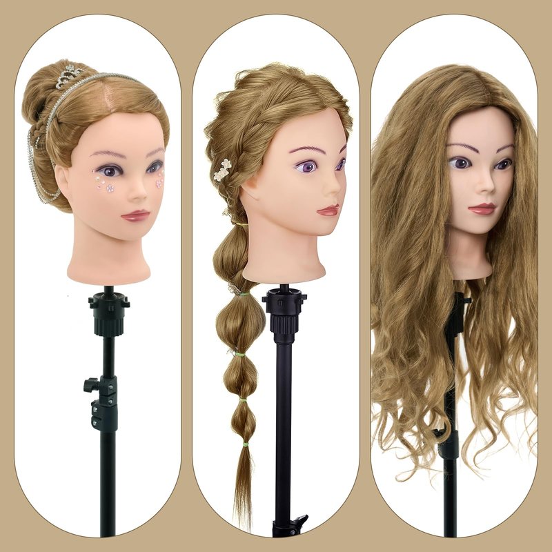 24" Mannequin Head -80% Real Hair Doll head for hair Styling, Cosmetology Mannequin Head with Hair for Braiding Curling,Cuting with Table Clamp Styling Set